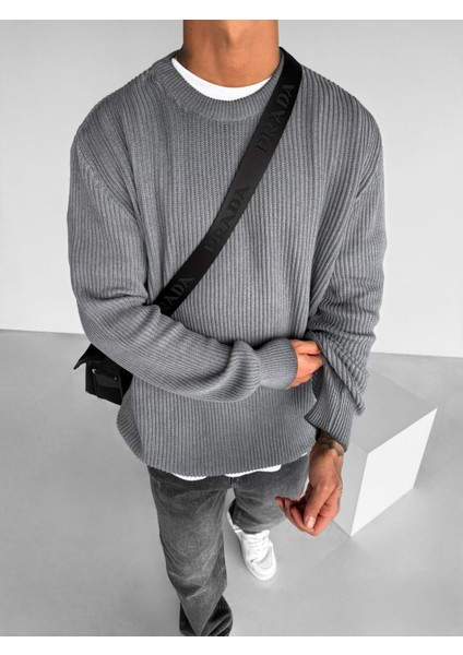 Erkek Oversize Yıkamalı Basic Kazak Gri fiyatları