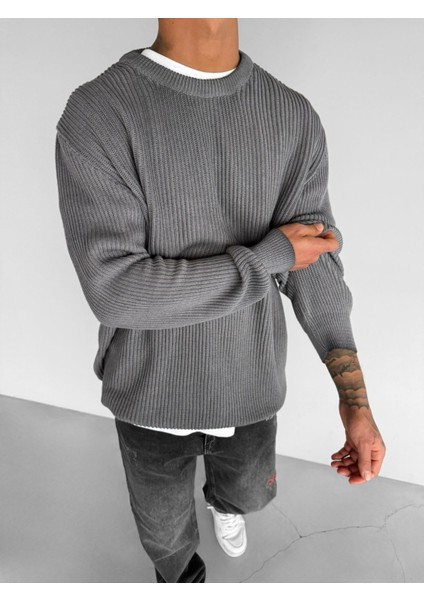 Erkek Oversize Yıkamalı Basic Kazak Gri modelleri