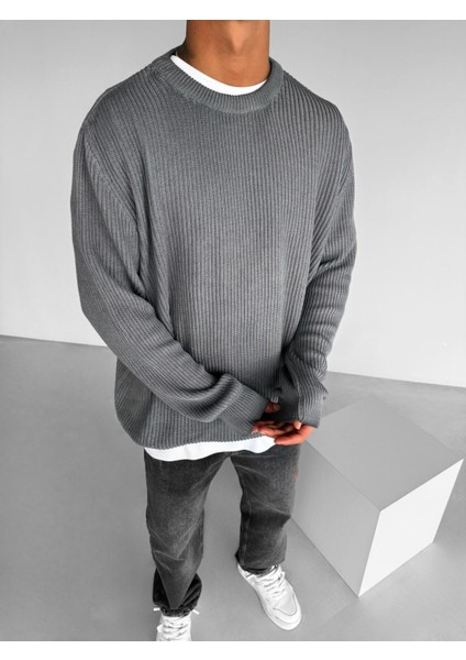 Erkek Oversize Yıkamalı Basic Kazak Gri fırsatları