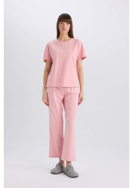 Pijama Takımı Regular Fit Bisiklet Yaka Kısa Kollu Üst Beli Lastikli Uzun Altı-Fall in Love E5820AX25SP
