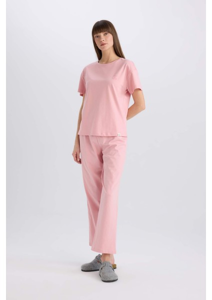 Pijama Takımı Regular Fit Bisiklet Yaka Kısa Kollu Üst Beli Lastikli Uzun Altı-Fall in Love E5820AX25SP