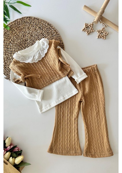 Triko Cepkenli Kız Çocuk 3 lü takım - Kahve