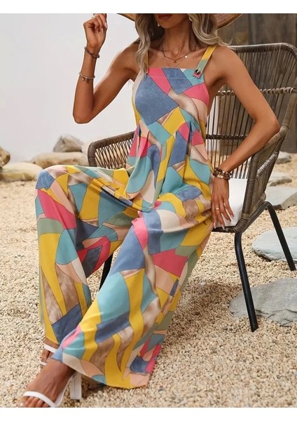 Geo Print Wide Strap Jumpsuit, Bahar ve Yaz Için Zarif Kolsuz Geniş Bacaklı Jumpsuit