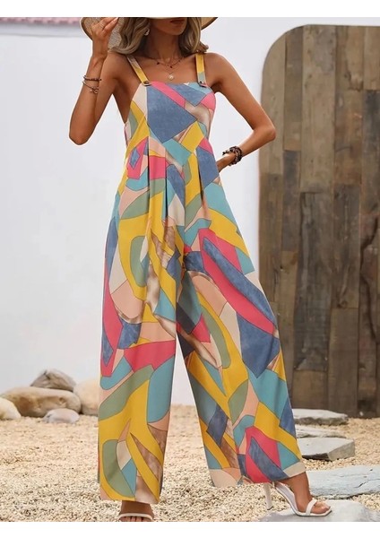 Geo Print Wide Strap Jumpsuit, Bahar ve Yaz Için Zarif Kolsuz Geniş Bacaklı Jumpsuit