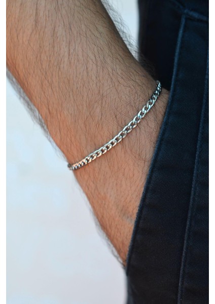 Erkek Silver Renk İnce Çelik Zincir Bileklik