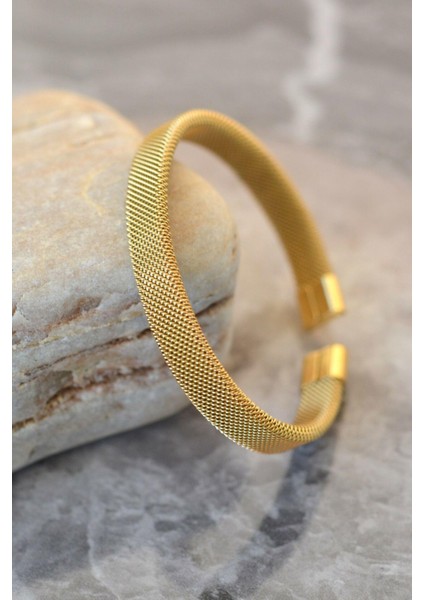 316 L Çelik Gold İnce Hasır Çelik Kelepçe Bileklik Unisex Ürün