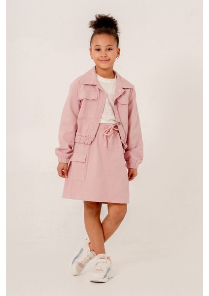 (7-11 Yaş) Gabardin Kruvaze Düğmeli Yaka Ceket Etekli 3 lü takım - Pembe