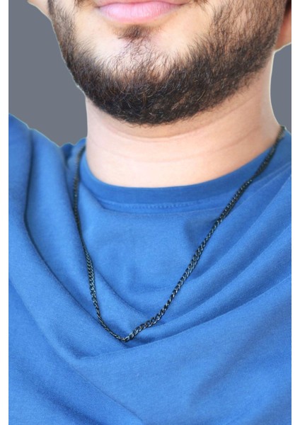 Orta Kalınlık Siyah Renk Erkek Çelik Zincir Kolye 60 cm
