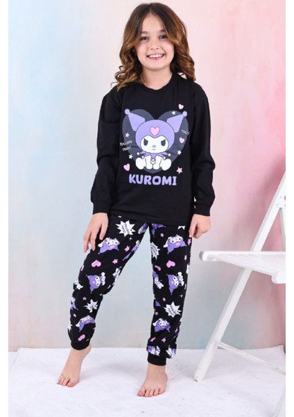 Isob Siyah Kuromi Desenli %100 Pamuk Kız Çocuk Pijama Takımı 3-13 Yaş 41203-41402-S