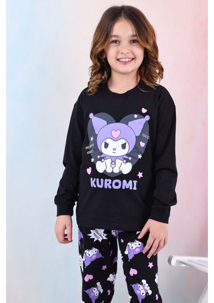 Isob Siyah Kuromi Desenli %100 Pamuk Kız Çocuk Pijama Takımı 3-13 Yaş 41203-41402-S