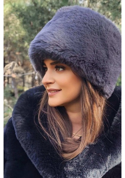 Kadın Füme Peluş Kürk Yuvarlak Kalpak Şapka Bere