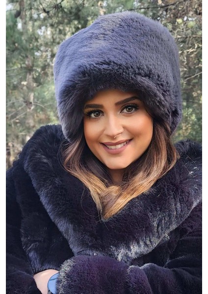 Kadın Füme Peluş Kürk Yuvarlak Kalpak Şapka Bere