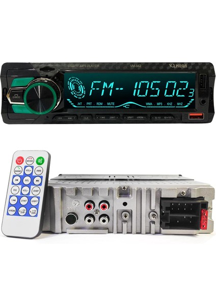 VM-942 Oto Teyp 4X60 Watt Bluetooth Büyük Ekran 2xusb Sd Fm Aux 7 Renk