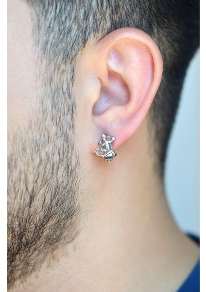 Kertenkele Figürlü Gümüş Renkli Erkek Çelik Halka Küpe