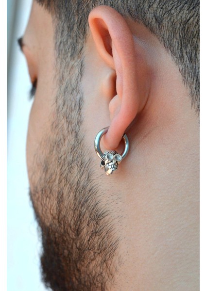 Erkek Kurukafa Figürlü Çelik Halka Küpe Kurukafalı Çelik Küpe Erkek