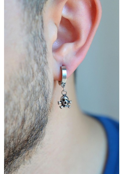 Kurukafa Figürlü Gümüş Renkli Erkek Çelik Halka Küpe Kurukafalı fiyatları