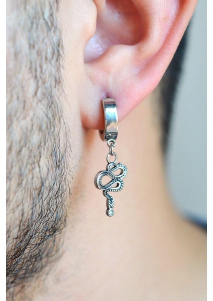 Kıvrılmış Yılan Figürlü Gümüş Renkli Erkek Çelik Halka Küpe Yılanlı