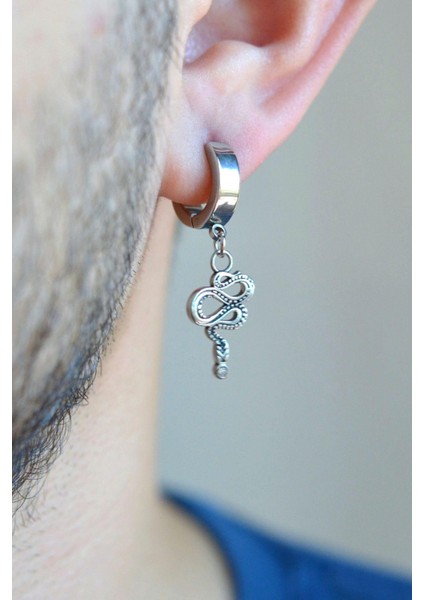 Kıvrılmış Yılan Figürlü Gümüş Renkli Erkek Çelik Halka Küpe Yılanlı modelleri