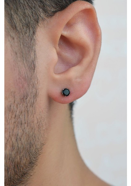4 mm Erkek Siyah Taşlı Tektaş Çelik Küpe