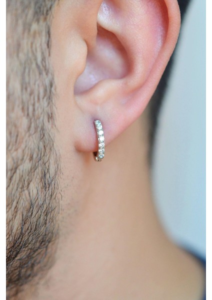 Zirkon Taşlı Gümüş Renkli Erkek Çelik Halka Küpe