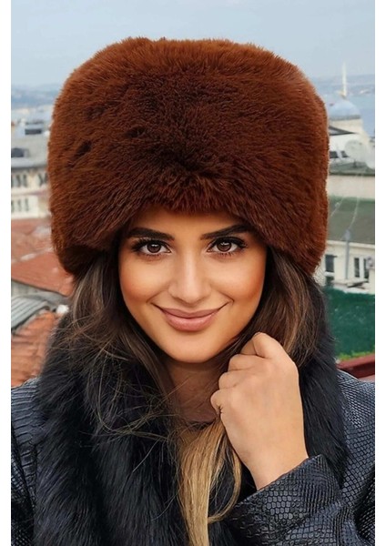Kadın Kahverengi Peluş Kürk Yuvarlak Kalpak Şapka Bere