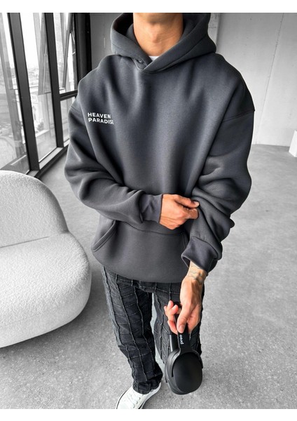 Erkek Oversize Paradise Baskılı Hoodie Antrasit