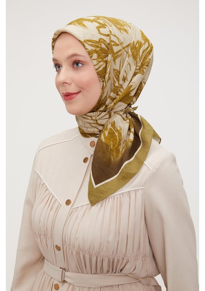 Yağ Yeşili Çiçek Soyut Desen Modal İpek Eşarp