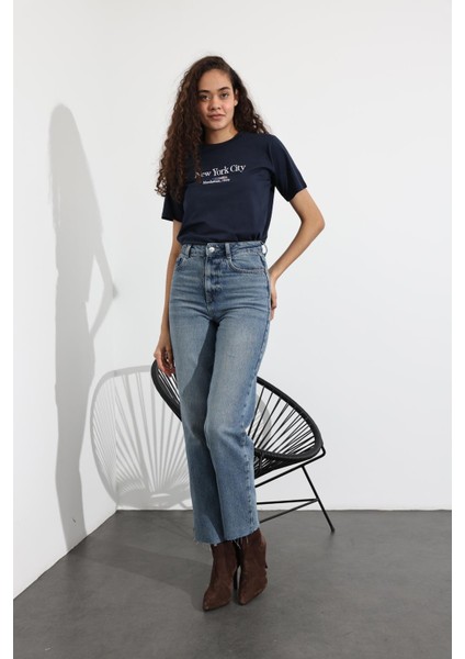 Mavi Yüksek Bel Kesik Paça Straight Fit Jean