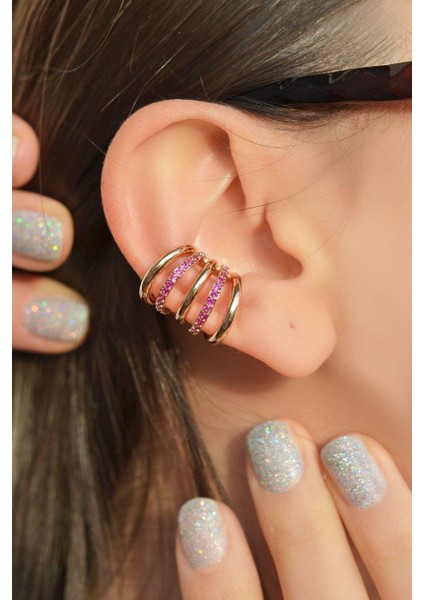 Pembe Taşlı Sıkıştırmalı Kıkırdak Küpe Earcuff