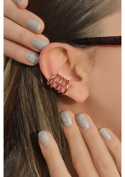 Pembe Taşlı Sıkıştırmalı Kıkırdak Küpe Earcuff modelleri