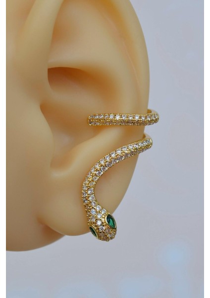 Yeşil Gözlü Yılan Earcuff Sıkıştımalı Kıkırdak Küpesi Gold