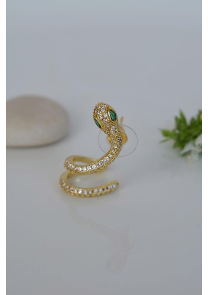 Yeşil Gözlü Yılan Earcuff Sıkıştımalı Kıkırdak Küpesi Gold modelleri