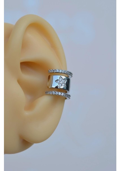 Zirkon Taş Yıldız Detaylı Earcuff Deliksiz Kıkırdak Küpesi Gümüş Renkli