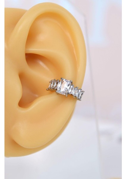 Gümüş Renkli Baget Taşlı Earcuff Sıkıştırmalı Kıkırdak Küpesi