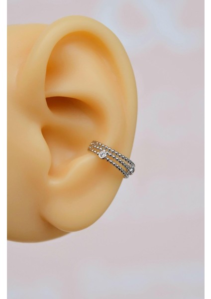 İnce Zirkon Earcuff Sıkıştırmalı Kıkırdak Küpesi Gümüş Renkli