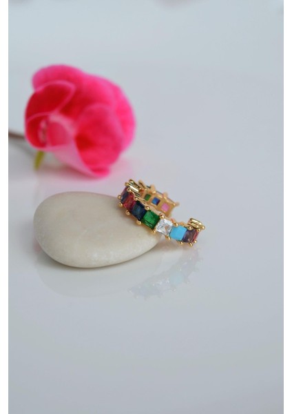 Renkli Zirkon Sıkıştırmalı Kıkırdak Küpe Multicolor