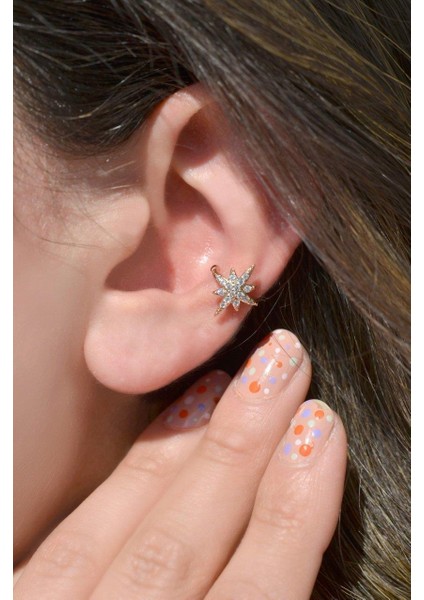 Zirkon Gold Kuzey Yıldızı Sıkıştırmalı Kıkırdak Küpesi Earcuff