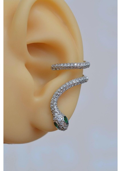 Yeşil Gözlü Yılan Earcuff Sıkıştımalı Kıkırdak Küpesi Gümüş Renk