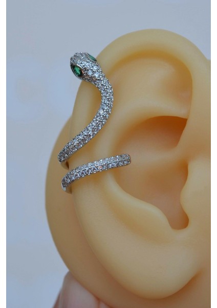 Yeşil Gözlü Yılan Earcuff Sıkıştımalı Kıkırdak Küpesi Gümüş Renk fiyatları