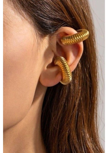 Büyük Bombeli Earcuff Geniş Halka Kıkırdak Küpesi Gold
