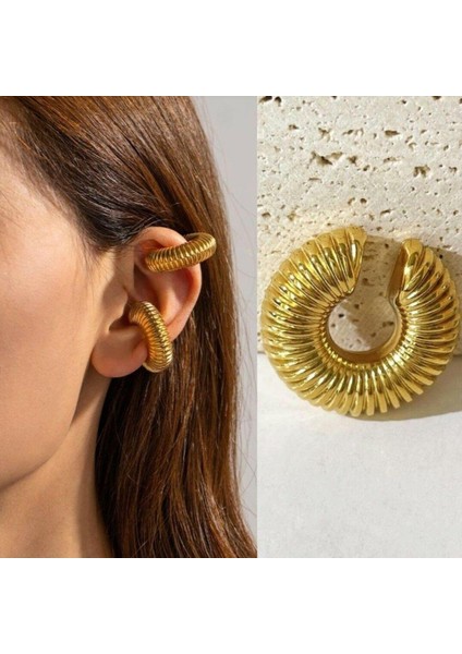 Büyük Bombeli Earcuff Geniş Halka Kıkırdak Küpesi Gold modelleri