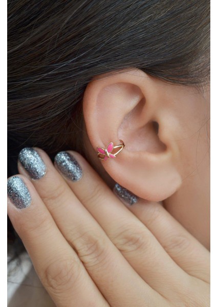 Sıkıştırmalı Kıkırdak Küpesi Pembe Kelebek Earcuff