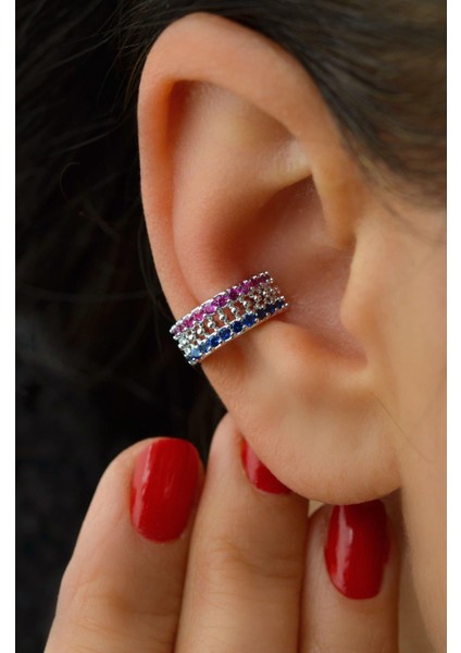 Renkli Zirkon Taşlı Earcuff Sıkıştırmalı Kıkırdak Küpesi Gümüş Renk
