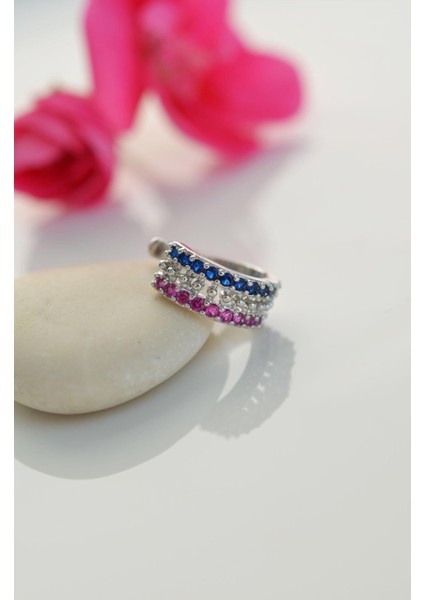 Renkli Zirkon Taşlı Earcuff Sıkıştırmalı Kıkırdak Küpesi Gümüş Renk modelleri