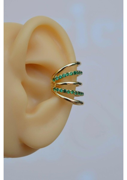 Zümrüt Yeşili Taşlı Çoklu Earcuff Sıkıştırmalı Kıkırdak Küpesi Gold