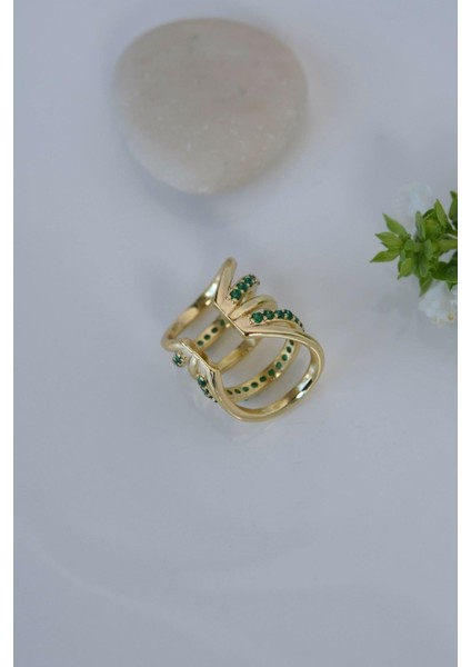 Zümrüt Yeşili Taşlı Çoklu Earcuff Sıkıştırmalı Kıkırdak Küpesi Gold modelleri