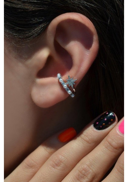 Kutup Yıldızı Detaylı Mini İncili Earcuff Sıkıştırma Kıkırdak Küpesi Gümüş Renkli