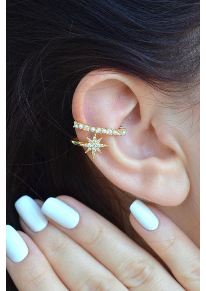 Kutup Yıldızı Detaylı Mini İncili Earcuff Sıkıştırma Kıkırdak Küpesi