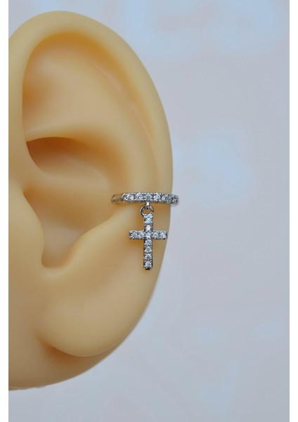 Zirkon Taşlı Cross Sallantılı Earcuff Sıkıştırmalı Kıkırdak Küpesi