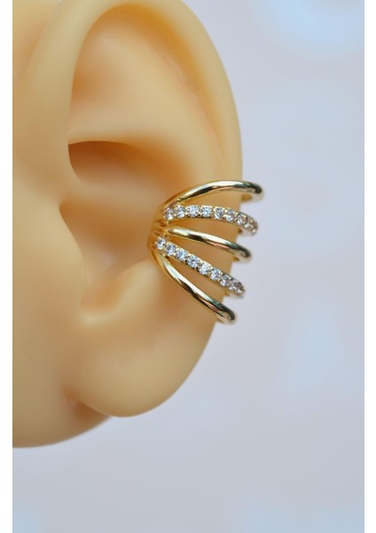 Taşlı Çoklu Earcuff Sıkıştırmalı Kıkırdak Küpesi Gold Renkli